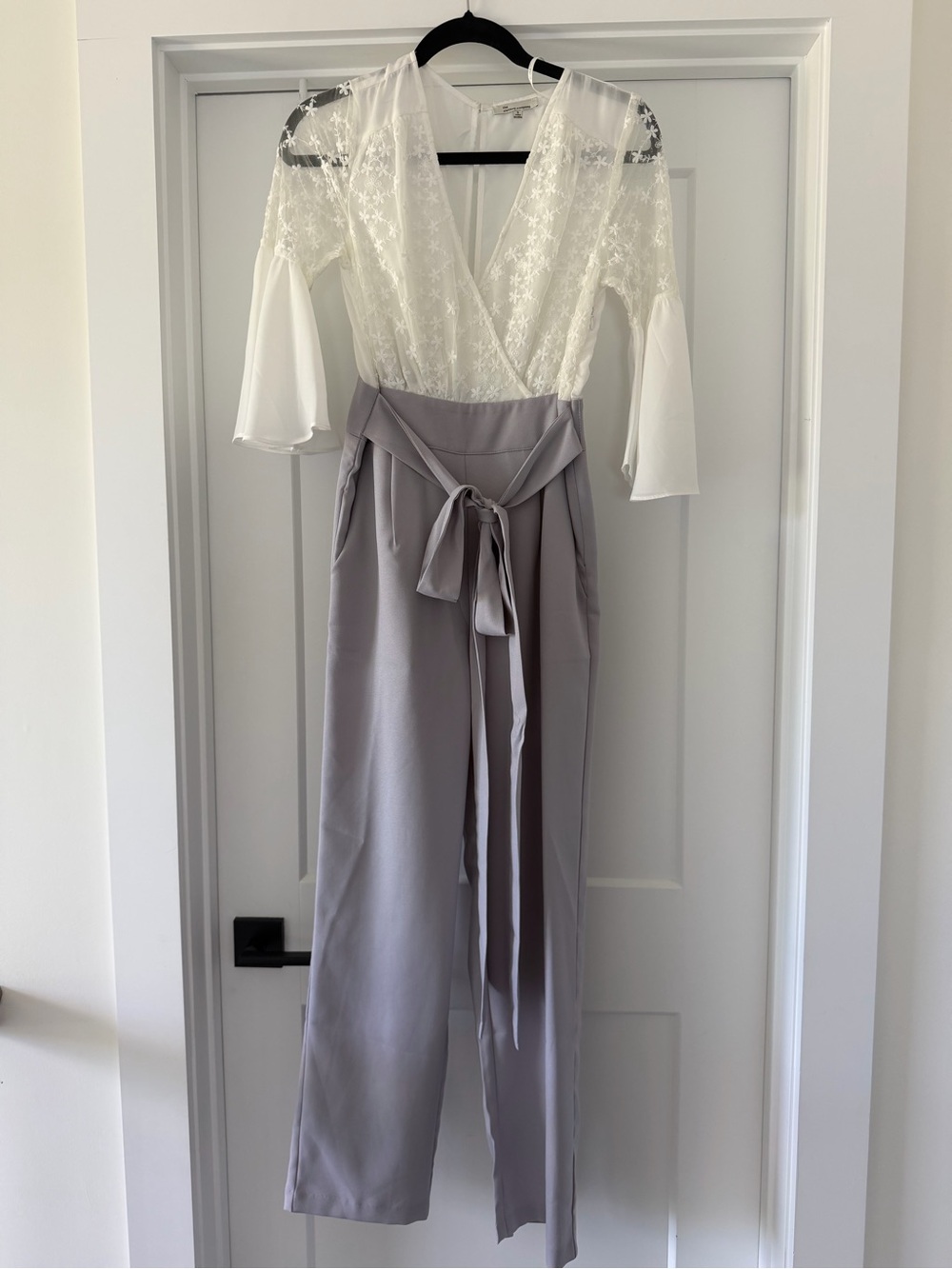 White Lace Bodice Purple-Gray High-Waist Tie Jumpsuit